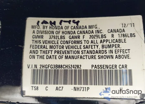 2012 Honda Civic Ex из США, поврежденный, VIN 2HGFG3B88CH524282